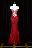 Sweetheart Mermaid Long Prom Dresses Beaded Tulle Evening Dresses Burgundy Formal Dresses HZ1024