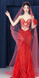Sweetheart Mermaid Long Prom Dresses Beaded Tulle Evening Dresses Burgundy Formal Dresses HZ1024