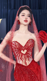Sweetheart Mermaid Long Prom Dresses Beaded Tulle Evening Dresses Burgundy Formal Dresses HZ1024