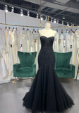 Sweetheart Neck Mermaid Long Prom Dresses, Tulle Beaded Evening Dresses, Black Formal Dresses HZ1024