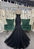 Sweetheart Neck Mermaid Long Prom Dresses, Tulle Beaded Evening Dresses, Black Formal Dresses HZ1024