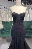 Sweetheart Neck Mermaid Long Prom Dresses, Tulle Beaded Evening Dresses, Black Formal Dresses HZ1024