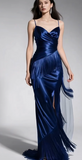 Spaghetti Strap Sheath Long Prom Dresses Satin Navy Blue Evening Dresses HZ1024