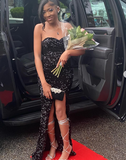 Sweetheart Sheath Long Prom Dresses with Slits Black Formal Dresses HZ1024