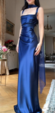 Square Neck Sheath Long Prom Dresses, Satin Navy Blue Formal Dresses HZ1024