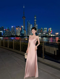 Strapless Sheath Long Prom Dresses, Satin Pink Formal Dresses HZ1024