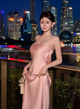 Strapless Sheath Long Prom Dresses, Satin Pink Formal Dresses HZ1024