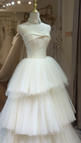 Strapless Ball Gown Simple Tulle Wedding Dresses Ivory Bridal Gowns HZ1024