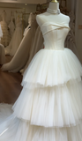 Strapless Ball Gown Simple Tulle Wedding Dresses Ivory Bridal Gowns HZ1024