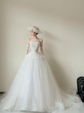 Strapless Ball Gown Simple Lace Tulle Wedding Dresses White Bridal Gowns HZ1024