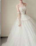 Strapless Ball Gown Simple Lace Tulle Wedding Dresses White Bridal Gowns HZ1024