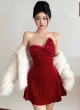 Velvet Birthday Dresses Strapless Hoco Dresses Short Burgundy New Year's Eve Dresses HZ1024