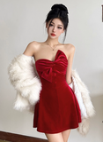 Velvet Birthday Dresses Strapless Hoco Dresses Short Burgundy New Year's Eve Dresses HZ1024
