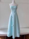 Spaghetti Straps A-Line Long Prom Dresses Pale Blue Long Formal Dresses HZ1024