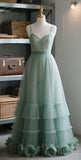 Spaghetti Straps Tulle A-Line Long Prom Dresses Light Green Quinceanera Dresses HZ1024