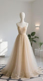 Spaghetti Strap Tulle A-Line Prom Dresses Champagne Long Formal Dresses HZ1024