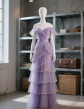 Off-the-shoulder Tulle Sheath Prom Dresses Purple Long Formal Dresses HZ1024