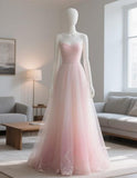 Spaghetti Strap A-line Long Prom Dresses Tulle Pink Formal Dresses HZ1024