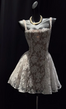 A-Line White Hoco Dresses Lace Square Neck Short Prom Dresses HZ1024