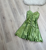 Sheath Green Hoco Dresses Satin Spaghetti Strap Short Prom Dresses HZ1024