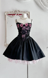 A-Line Black Hoco Dresses Satin Spaghetti Straps Short Prom Dresses HZ1024