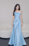 Strapless Mermaid Prom Dresses, Satin Blue Long Formal Dresses HZ1024