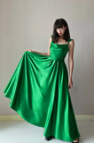 Square Neck Sheath Long Prom Dresses, Satin Green Evening Dresses HZ1024