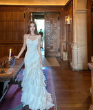 Spaghetti Strap Sheath Long Prom Dresses, Chiffon Beaded Ivory Evening Dresses HZ1024