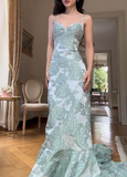 Spaghetti Strap Sheath Long Prom Dresses, Applique Satin Green Formal Dresses HZ1024