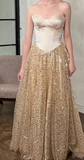 Strapless Sheath Long Prom Dresses, Sparkly Sequined Tulle Gold Evening Dresses HZ1024