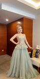 V-neck A-Line Wedding Guest Dresses with Appliques Tulle Green Evening Dresses HZ1024