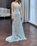Strapless Sheath Long Prom Dresses with Appliques, Lace Blue Formal Dresses HZ1024