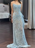 Strapless Sheath Long Prom Dresses with Appliques, Lace Blue Formal Dresses HZ1024