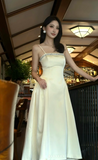 Spaghetti Straps A-Line Tea Prom Dresses, Satin Pale Yellow Formal Dresses HZ1024