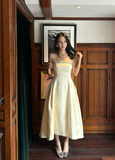 Spaghetti Straps A-Line Tea Prom Dresses, Satin Pale Yellow Formal Dresses HZ1024
