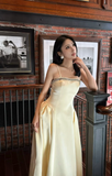 Spaghetti Straps A-Line Tea Prom Dresses, Satin Pale Yellow Formal Dresses HZ1024