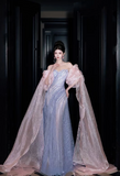 Strapless Sheath Long Prom Dresses, Tulle Grey Blue Formal Dresses HZ1024