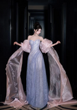 Strapless Sheath Long Prom Dresses, Tulle Grey Blue Formal Dresses HZ1024