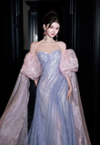 Strapless Sheath Long Prom Dresses, Tulle Grey Blue Formal Dresses HZ1024