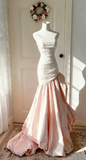 Strapless Mermaid Long Prom Dresses, Pleated Taffeta Pink Evening Gowns HZ1024