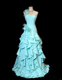 One Shoulder A-Line Long Prom Dresses, Tiered Chiffon Blue Evening Gowns HZ1024
