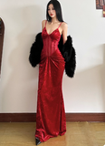 Mermaid Long Prom Dresses, Burgundy Formal Dresses Velvet Spaghetti Strap New Year's Eve Dress HZ1024