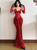 Mermaid Long Prom Dresses, Burgundy Formal Dresses Velvet Spaghetti Strap New Year's Eve Dress HZ1024