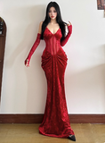 Mermaid Long Prom Dresses, Burgundy Formal Dresses Velvet Spaghetti Strap New Year's Eve Dress HZ1024