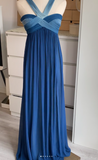 V-neck Sheath Long Prom Dresses, Chiffon Blue Formal Dresses HZ1024