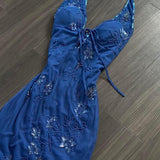 Halter Mermaid Long Prom Dresses, Beaded Chiffon Blue Formal Dresses HZ1024