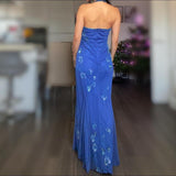 Halter Mermaid Long Prom Dresses, Beaded Chiffon Blue Formal Dresses HZ1024