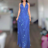 Halter Mermaid Long Prom Dresses, Beaded Chiffon Blue Formal Dresses HZ1024