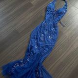 Halter Mermaid Long Prom Dresses, Beaded Chiffon Blue Formal Dresses HZ1024