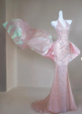 Halter Mermaid Long Prom Dresses, Tulle Rhinestone Pink Birthday Dresses HZ1024